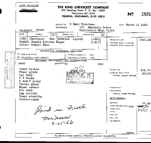 1966 Chevy Bill of Sale